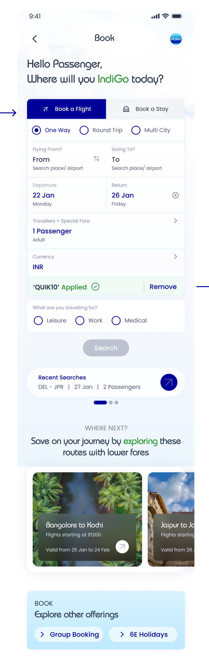 Booking form with QUIK10 applied chip and Remove action