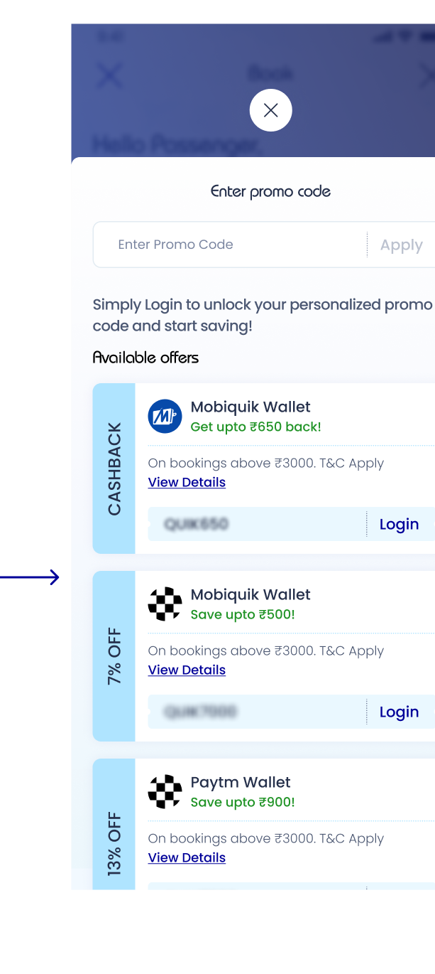 Promo sheet with Mobikwik and Paytm offer cards, cashback and percent-off edge badges
