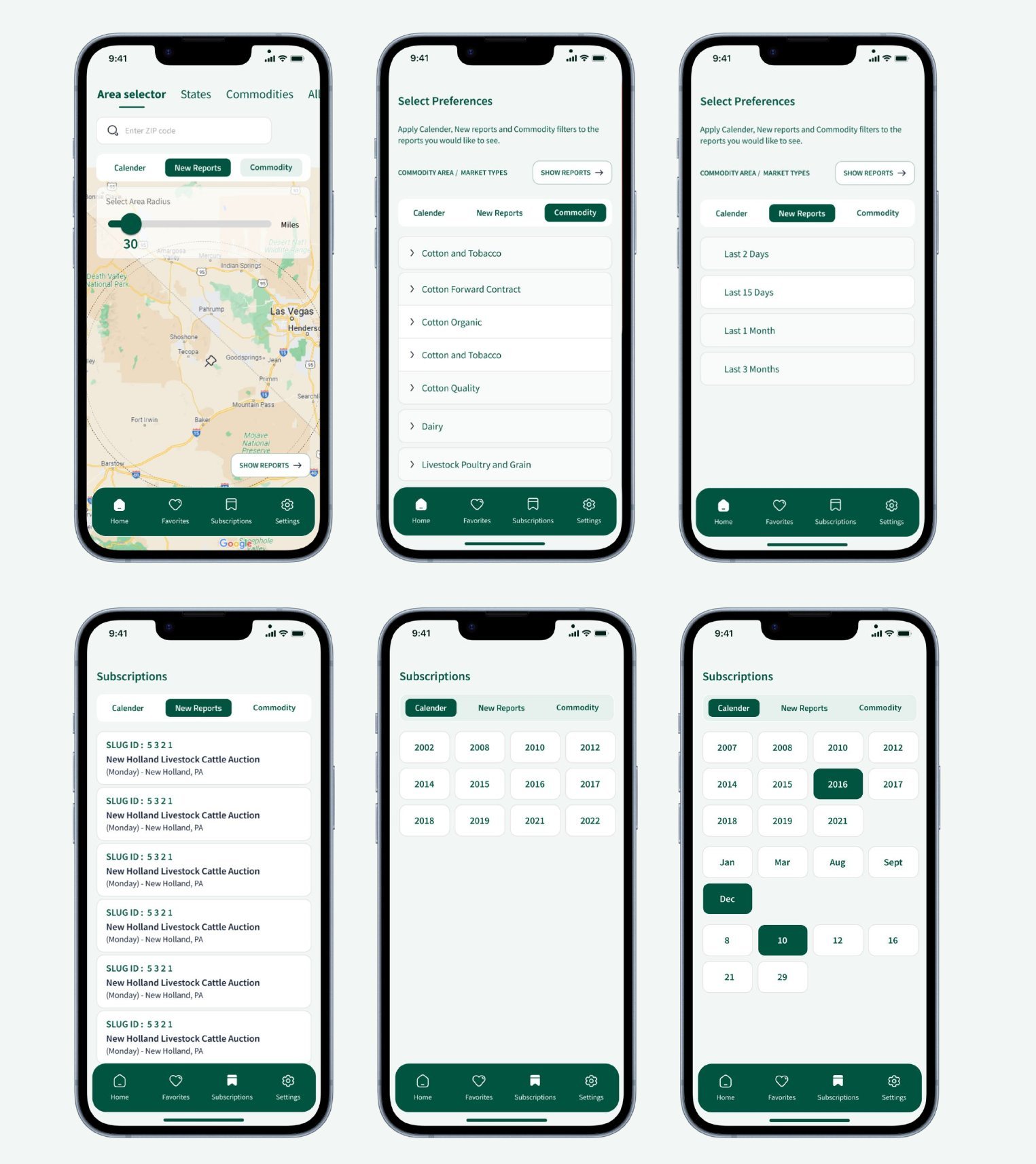 Self-initiated exploration concepts: map-based area selector, date-range chips and tabbed subscriptions