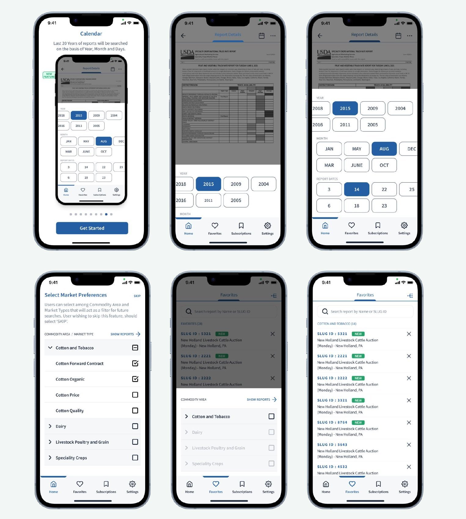 Alternative blue visual direction across calendar, preferences and favorites screens