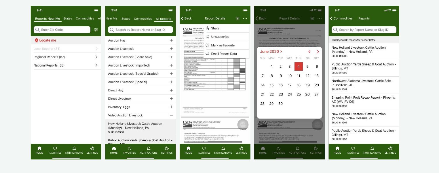 Five screens from the original MVP1 app showing dense lists, report details and calendar