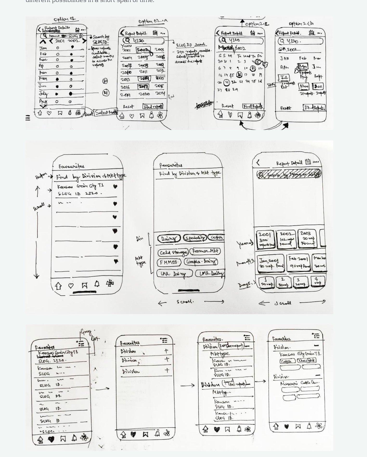 Hand-drawn low fidelity sketches exploring archive search, favorites and report detail patterns